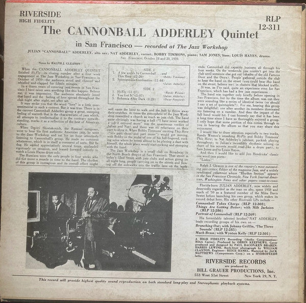 The Cannonball Adderley Quintet Featuring Nat Adderley : The Cannonball Adderley Quintet In San Francisco (LP, Album, Mono, RP)