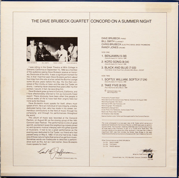 The Dave Brubeck Quartet : Concord On A Summer Night (LP, Album)