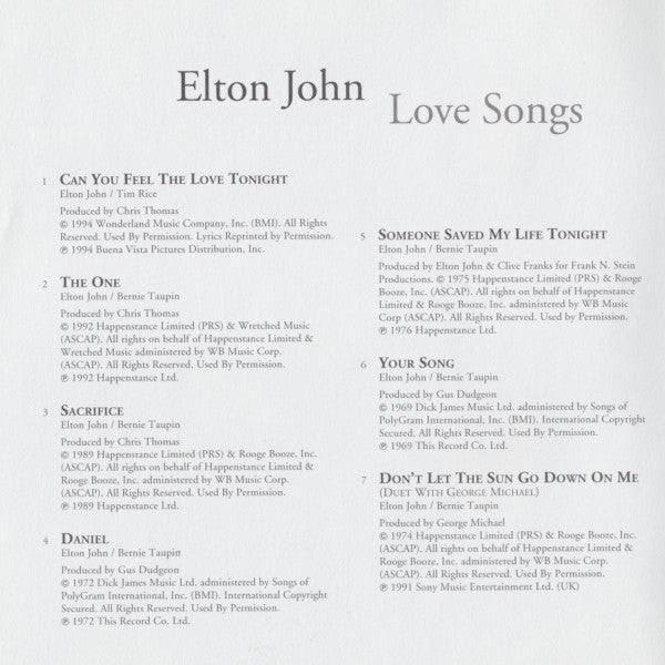 Elton John : Love Songs (CD, Comp, RM)