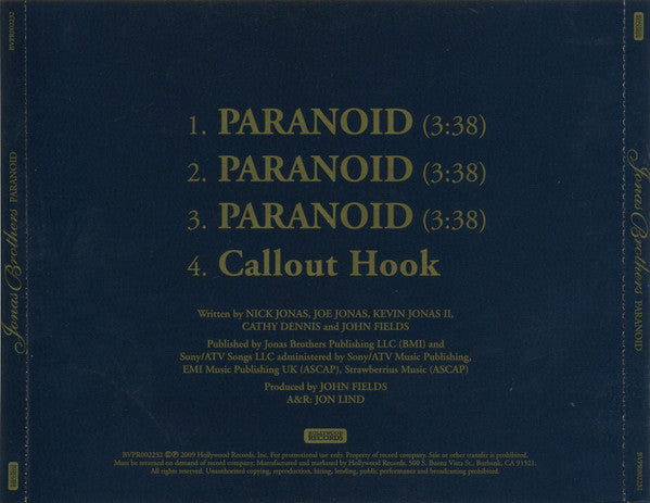Jonas Brothers : Paranoid (CD, Single, Promo)