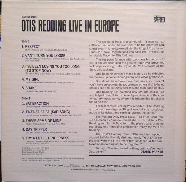Otis Redding : Otis Redding Live In Europe (LP, Album, RE, Pre)