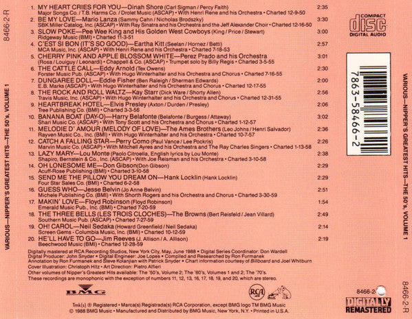 Various : Nipper's Greatest Hits - The 50's, Volume 1 (CD, Comp, Mono, RM)