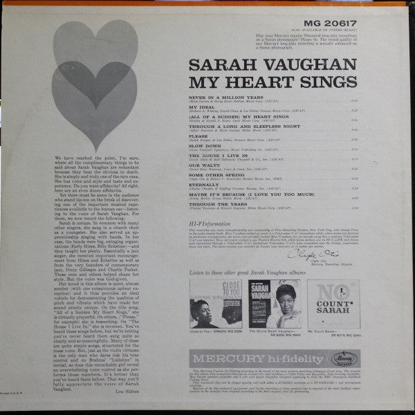 Sarah Vaughan : My Heart Sings (LP, Album, Mono)