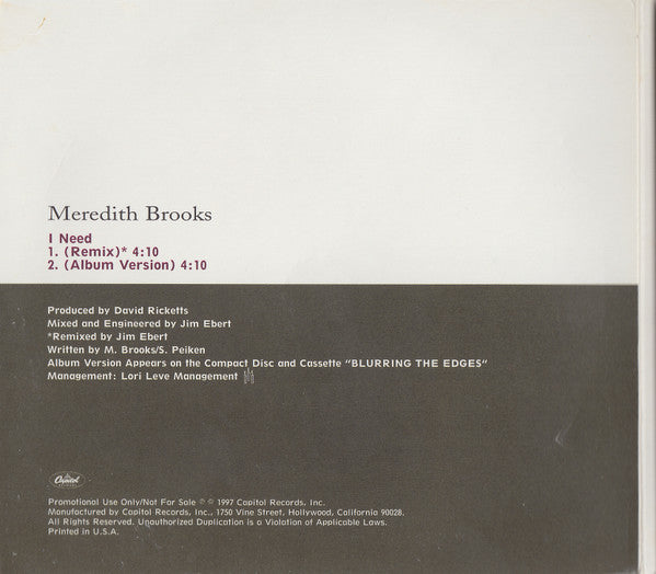 Meredith Brooks : I Need (CD, Single, Promo, Dig)