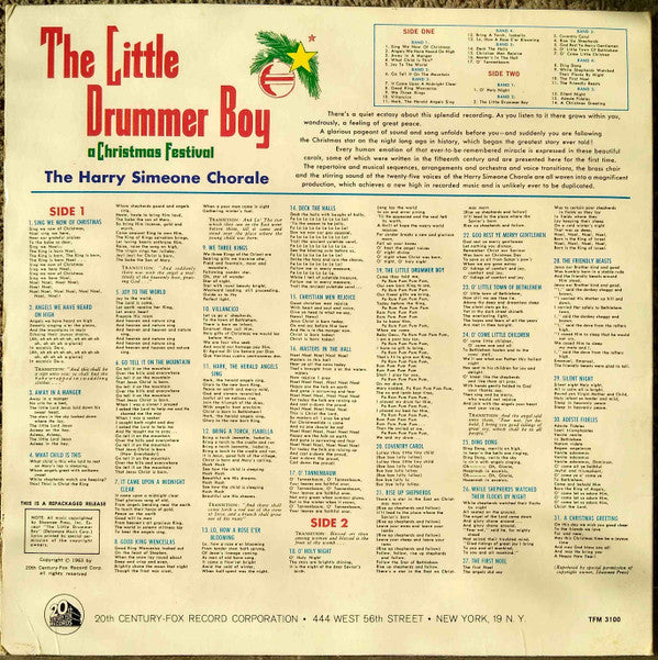 The Harry Simeone Chorale : The Little Drummer Boy: A Christmas Festival (LP, Album, Mono, RP, Ter)
