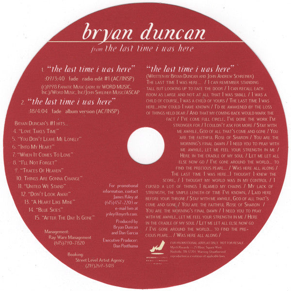 Bryan Duncan : The Last Time I Was Here (CD, Single, Promo)