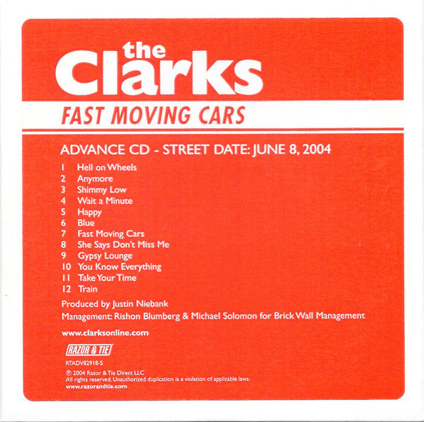 The Clarks (4) : Fast Moving Cars (CD, Advance, Album, Promo)