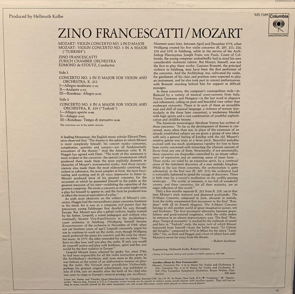 Zino Francescatti, Wolfgang Amadeus Mozart, Zürcher Kammerorchester, Edmond De Stoutz : Violin Concerto No. 2 In D Major, Violin Concerto No. 5 In A Major ("Turkish") (LP, Album, "36)