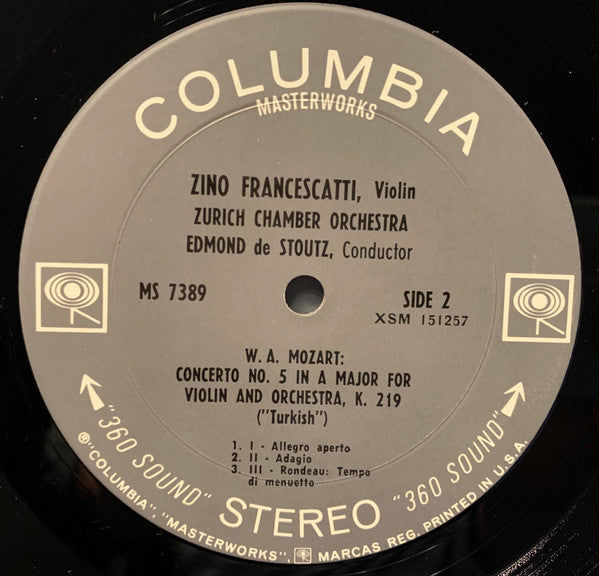 Zino Francescatti, Wolfgang Amadeus Mozart, Zürcher Kammerorchester, Edmond De Stoutz : Violin Concerto No. 2 In D Major, Violin Concerto No. 5 In A Major ("Turkish") (LP, Album, "36)