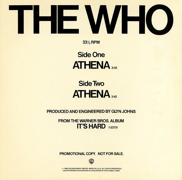 The Who : Athena (12", Single, Promo)