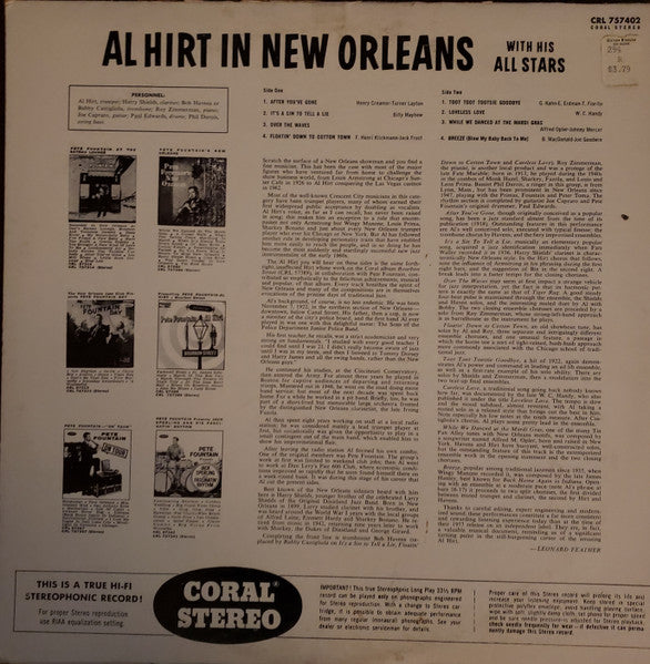 Al Hirt : Al Hirt With His All Stars In New Orleans (LP, Album)