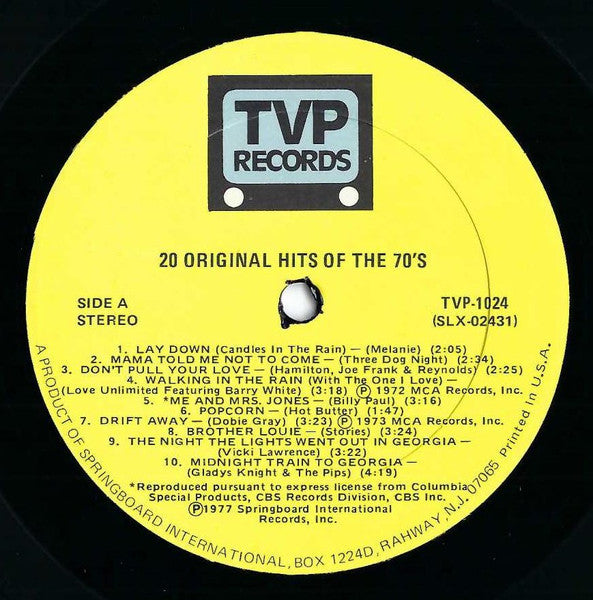 Various : 20 Original Hits Of The 70's (LP, Comp, RP)