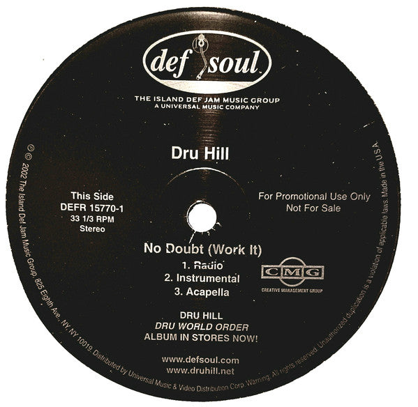 Dru Hill : No Doubt (Work It) & On Me (12", Promo)