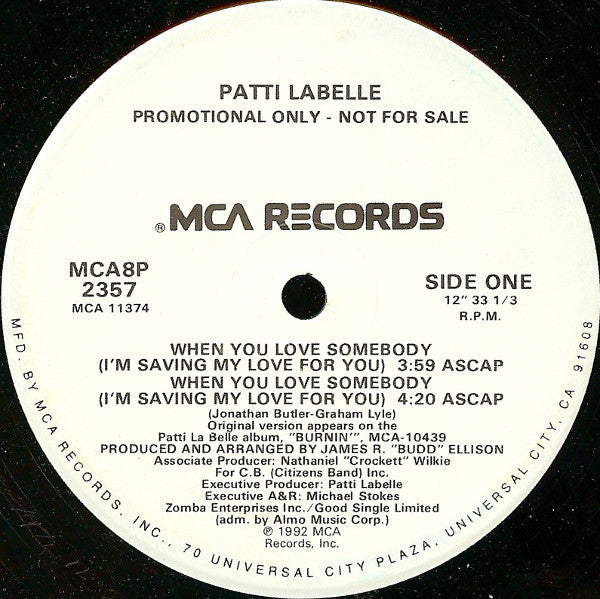 Patti LaBelle : When You Love Somebody (I'm Saving My Love For You) (12", Single, Promo)
