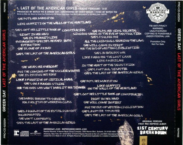 Green Day : Last Of The American Girls (CD, Single, Promo)