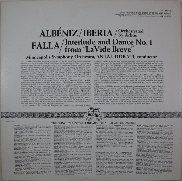 Isaac Albéniz / Enrique Fernández Arbós, Manuel De Falla / Minneapolis Symphony Orchestra conducted by Antal Dorati : Iberia / Interlude And Dance No. 1 From "La Vide Breve" (LP)