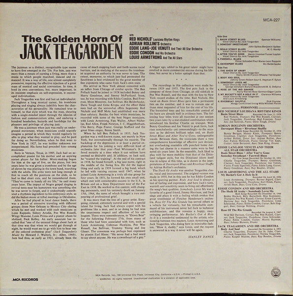 Jack Teagarden With Red Nichols' Louisiana Rhythm Kings, Adrian Rollini And His Orchestra, Eddie Lang-Joe Venuti And Their All Star Orchestra, Eddie Condon And His Orchestra, Louis Armstrong And His All-Stars : The Golden Horn Of Jack Teagarden (LP, Comp)