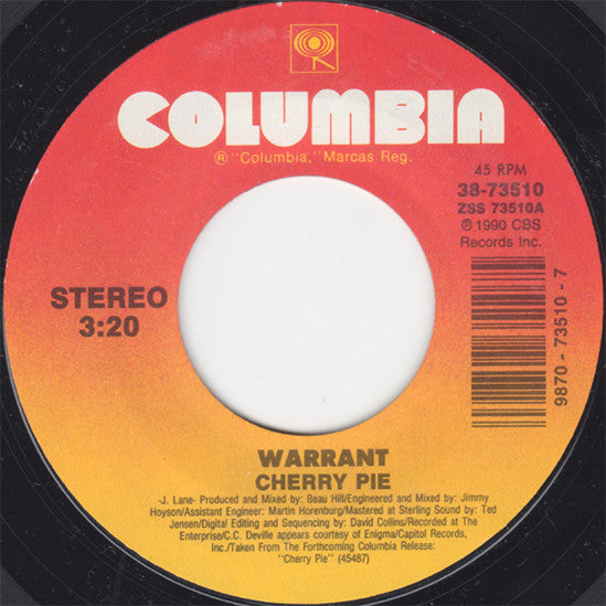 Warrant : Cherry Pie (7", Single, Styrene)