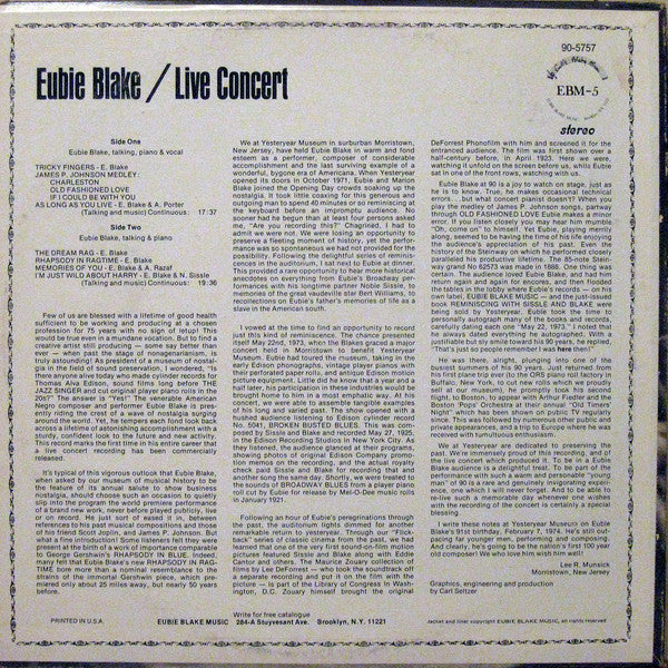 Eubie Blake : Live Concert (LP, Album)