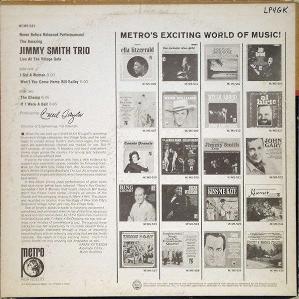 Jimmy Smith Trio : Live At The Village Gate (LP, Album, Mono)