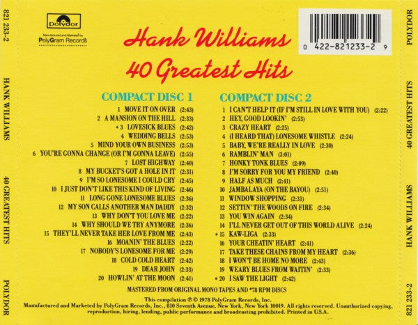 Hank Williams : 40 Greatest Hits (2xCD, Comp)