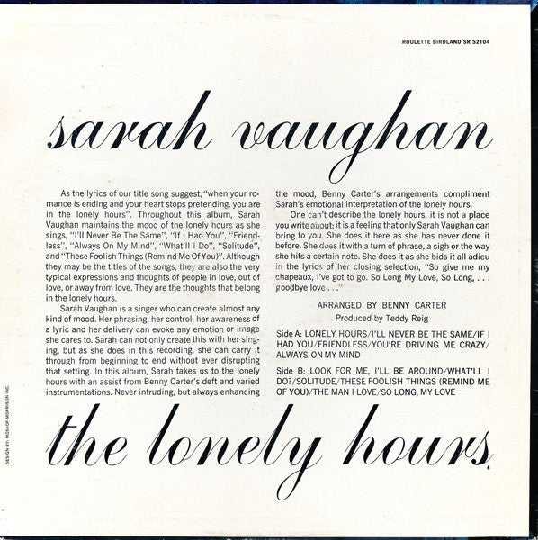 Sarah Vaughan : The Lonely Hours (LP, Album)