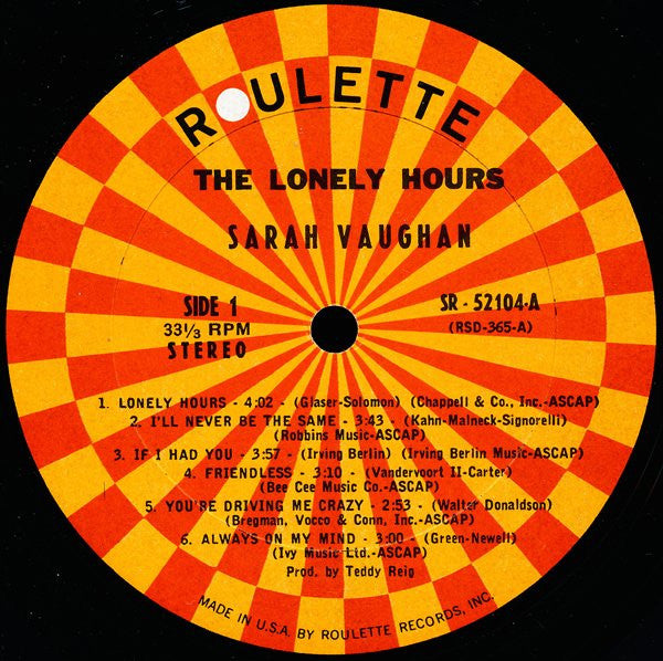 Sarah Vaughan : The Lonely Hours (LP, Album)