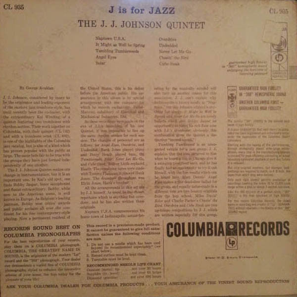 The J.J. Johnson Quintet : J Is For Jazz (LP, Mono)