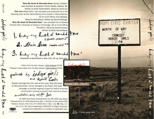 Indigo Girls : Bury My Heart At Wounded Knee (CD, Single, Promo)
