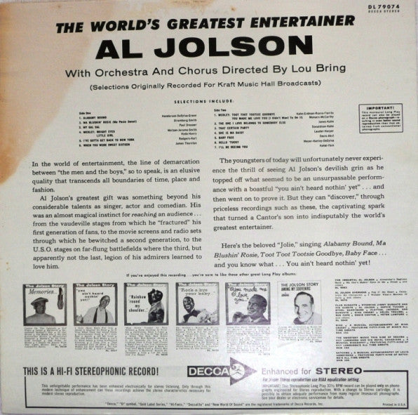 Al Jolson : The World's Greatest Entertainer (LP, Album)