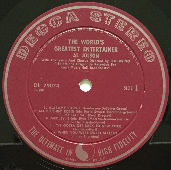 Al Jolson : The World's Greatest Entertainer (LP, Album)