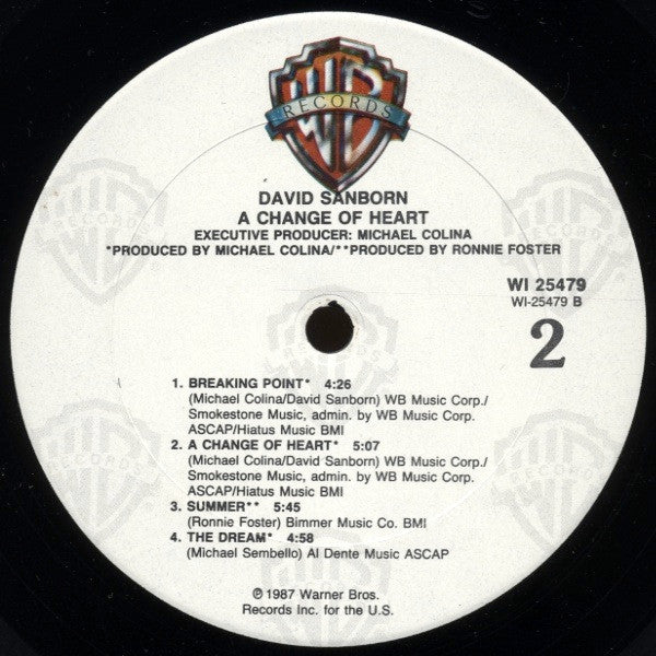 David Sanborn : A Change Of Heart (LP, Album, Club)