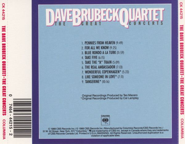Dave Brubeck Quartet* : The Great Concerts... Amsterdam, Copenhagen, Carnegie Hall (CD, Comp, RM)