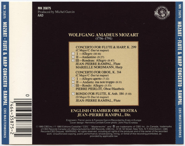 Mozart*, Rampal*, Pierlot*, Nordmann*, English Chamber Orchestra : Concerto For Oboe - Concerto For Flute And Harp - Rondo In D (CD, Album, RE)
