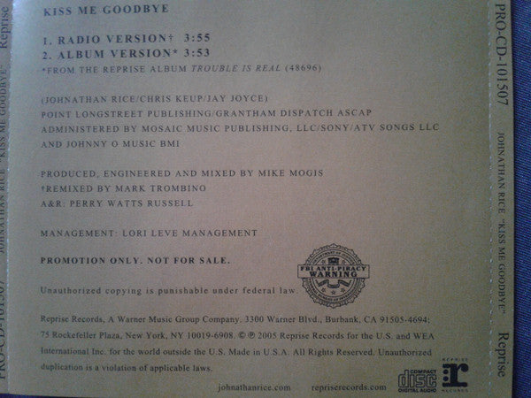 Johnathan Rice : Kiss Me Goodbye (CD, Single, Promo)