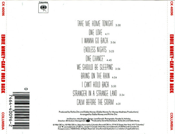 Eddie Money : Can't Hold Back (CD, Album)