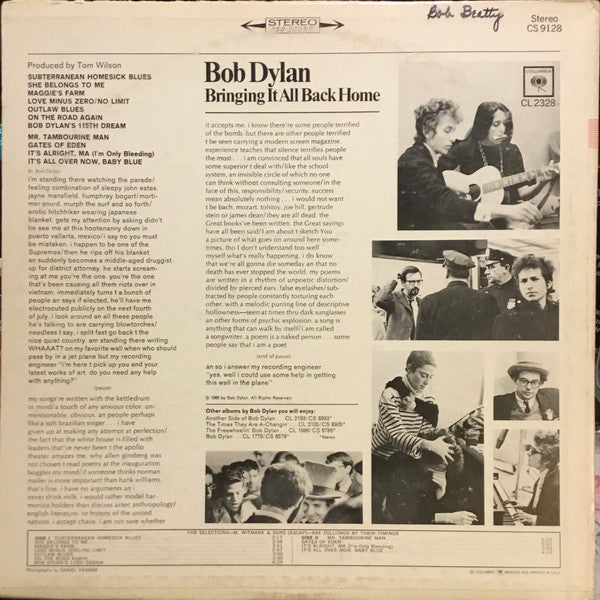Bob Dylan : Bringing It All Back Home (LP, Album, San)
