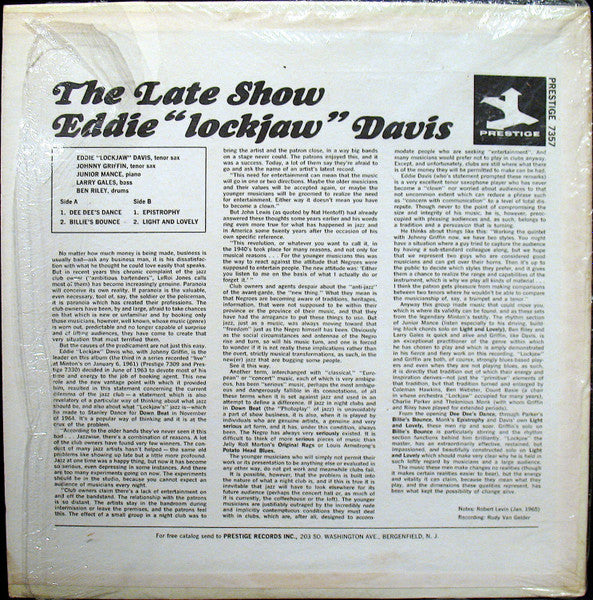 Eddie "Lockjaw" Davis : The Late Show (LP, Album, RM)