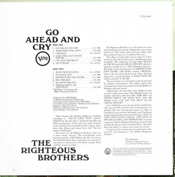 The Righteous Brothers : Go Ahead And Cry (LP, Album, Mono)