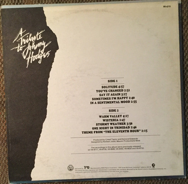 Johnny Hodges : A Tribute To Johnny Hodges (LP, Comp)
