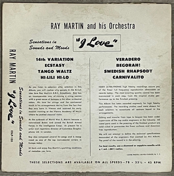 Ray Martin And His Orchestra : Sensations In Sounds And Moods I Love (10", Album)
