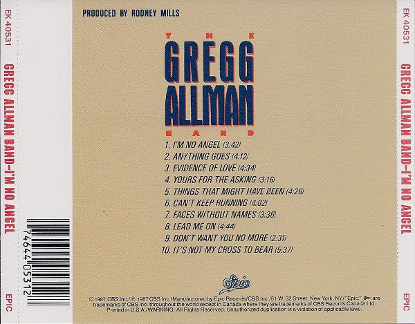 The Gregg Allman Band : I'm No Angel (CD, Album)
