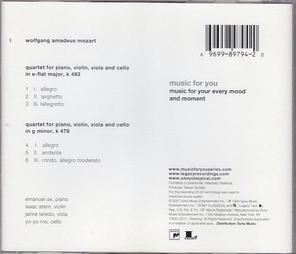 Mozart* - Ax*, Stern*, Laredo*, Ma* : Piano Quartets (CD, RE)