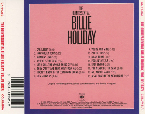 Billie Holiday : The Quintessential Billie Holiday Volume 4 (1937) (CD, Comp, RM)
