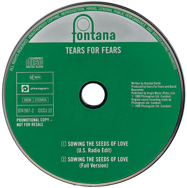 Tears For Fears : Sowing The Seeds Of Love (CD, Single, Promo)