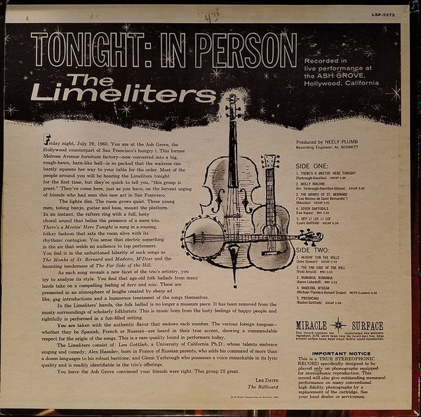 The Limeliters : Tonight: In Person (LP, Album)