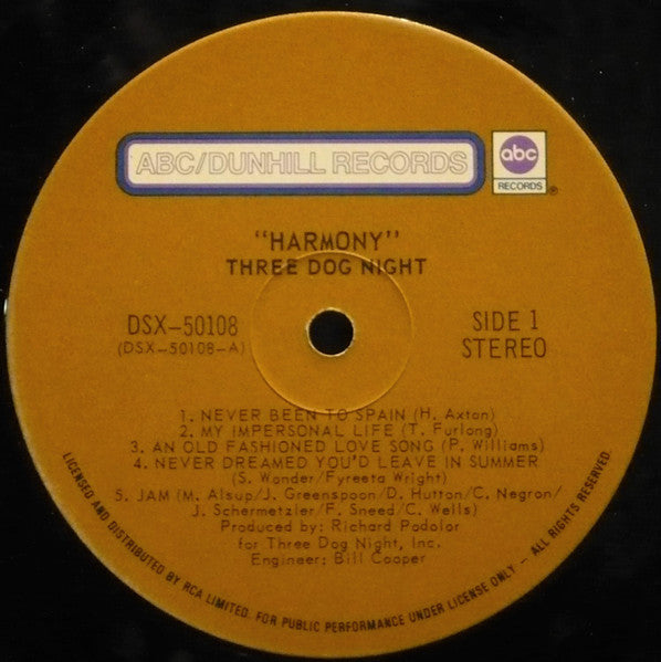 Three Dog Night : Harmony (LP, Album, Dyn)