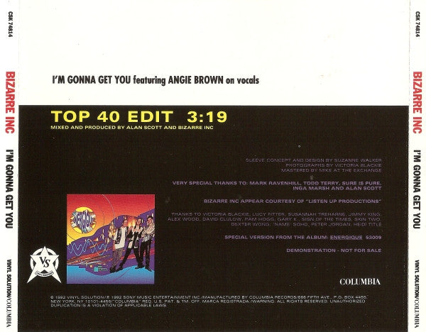 Bizarre Inc Featuring Angie Brown : I'm Gonna Get You (CD, Single, Promo)