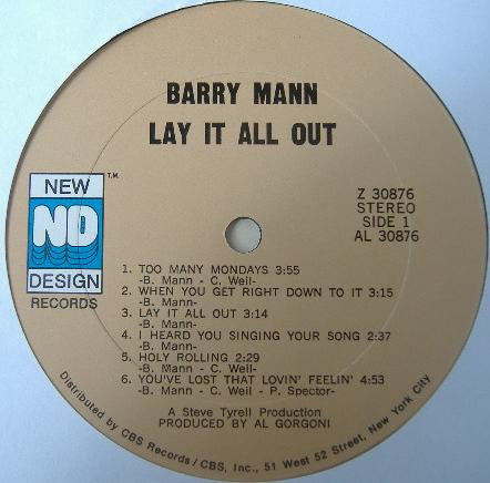 Barry Mann : Lay It All Out (LP, Album)