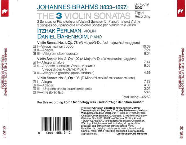 Itzhak Perlman, Daniel Barenboim - Brahms* : The 3 Violin Sonatas (CD, Album)
